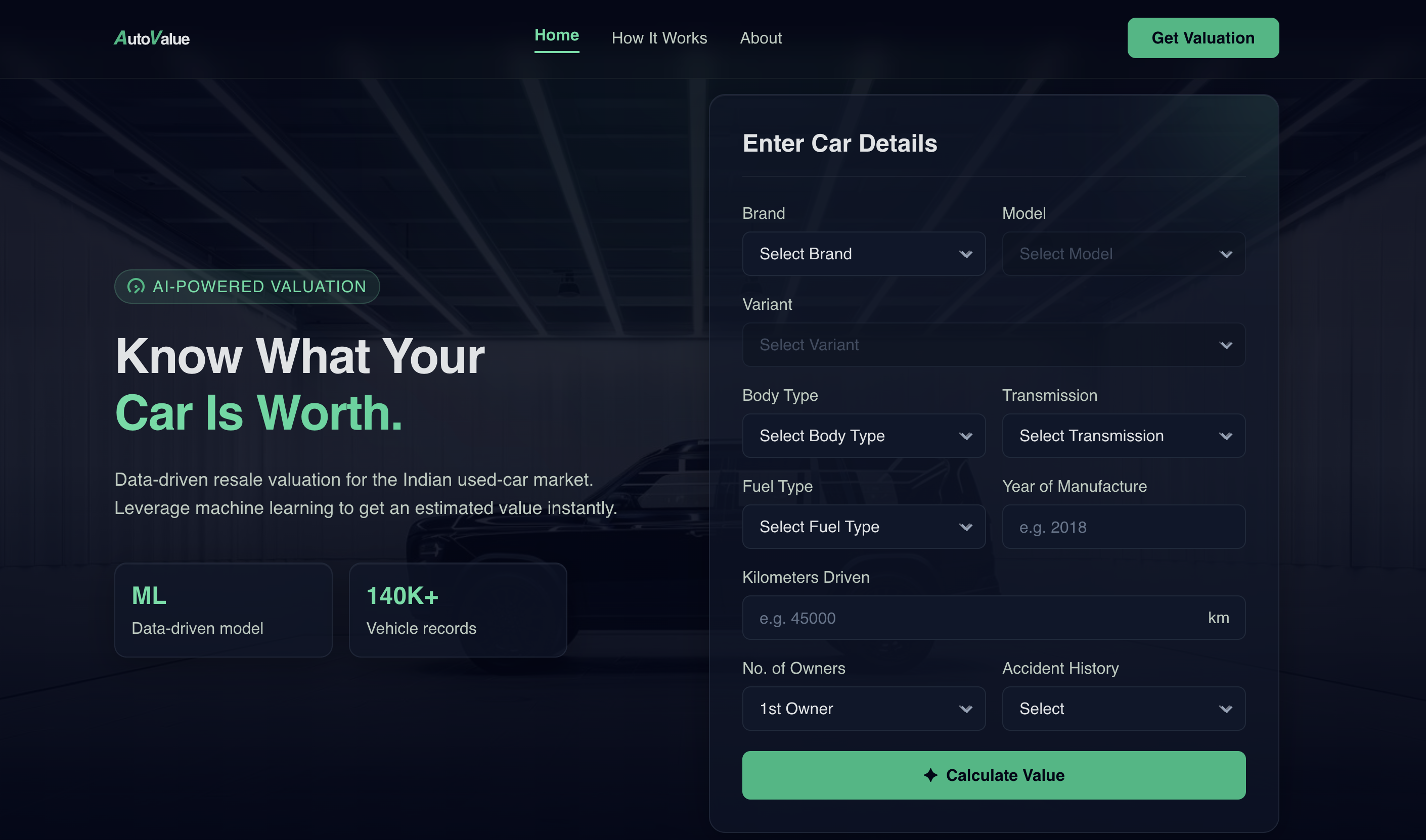 AutoValue — Indian Car Resale Price Predictor interface preview